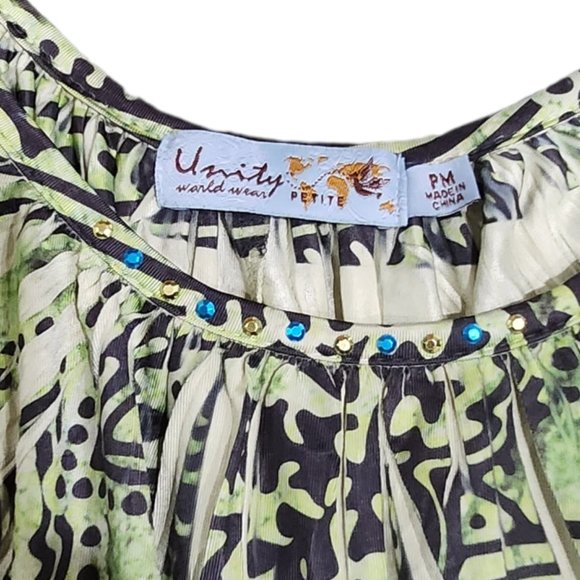 ❤️2/$18 Unity World Wear Petite Tie Dye Floral Boho Green Shirt Top Blouse M - Picture 8 of 8